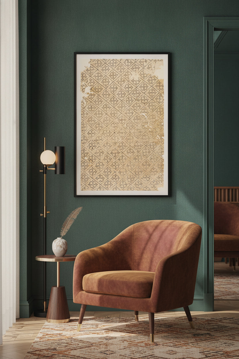 Sheet with Flower and Diamond Pattern — framed art in a styled interior