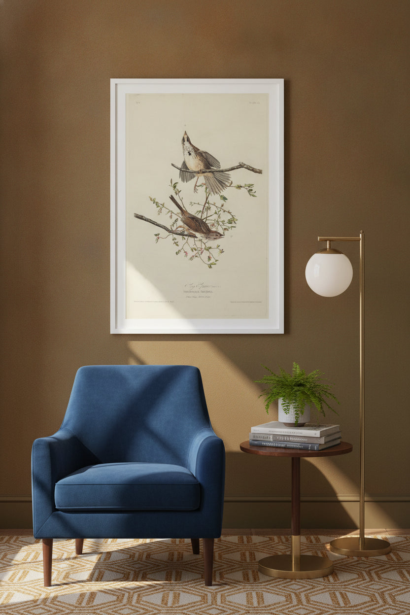 Song Sparrow — framed art in a styled interior
