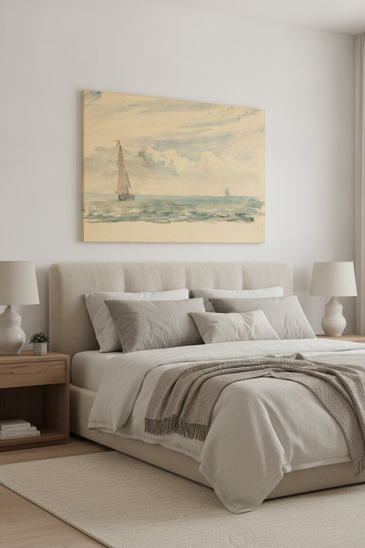 A Seascape with Two Sail Boats — framed art in a styled interior