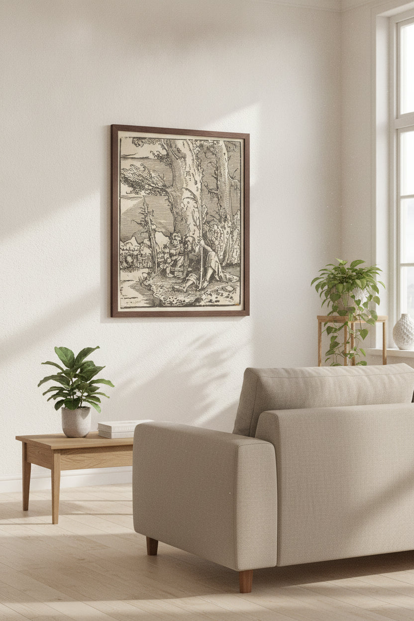 Saint Christopher Seated by a River Bank — framed art in a styled interior