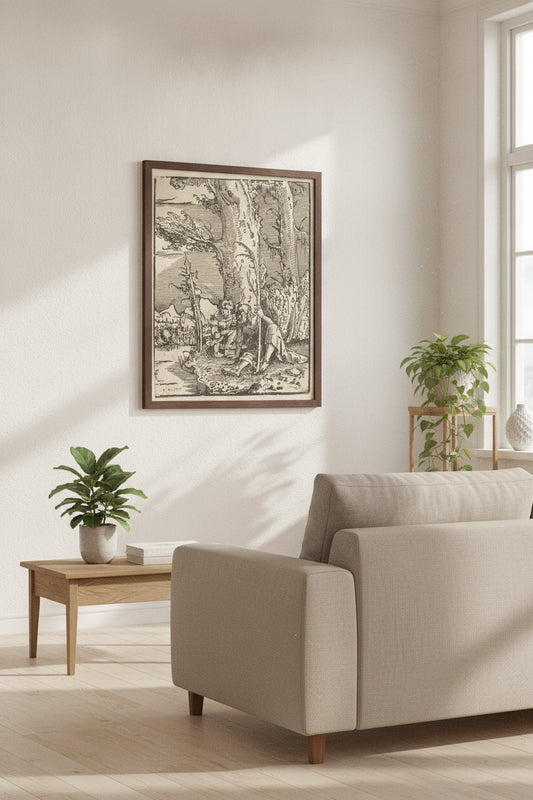 Saint Christopher Seated by a River Bank — framed art in a styled interior