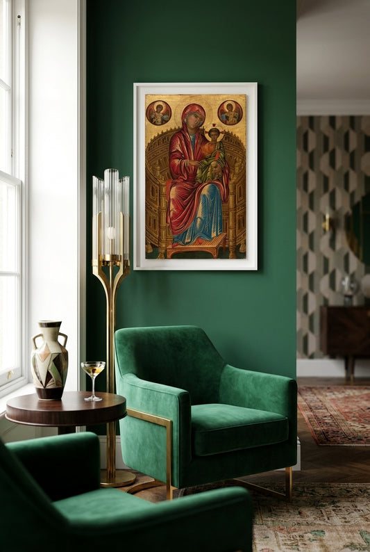 Madonna and Child on a Curved Throne — framed art in a styled interior