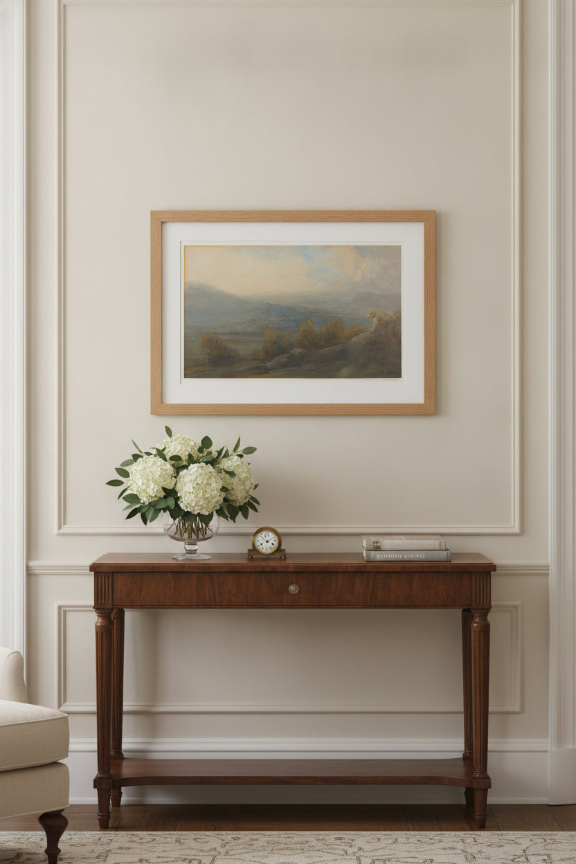 Mountain Landscape with two Figures at the Right — framed art in a styled interior