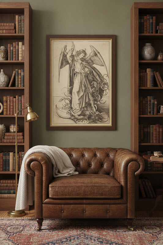 Saint Michael Slaying the Dragon — framed art in a styled interior