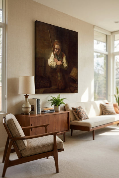 A Girl with a Broom — framed art in a styled interior