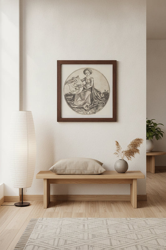 Shield with Swan, Held by Woman — framed art in a styled interior