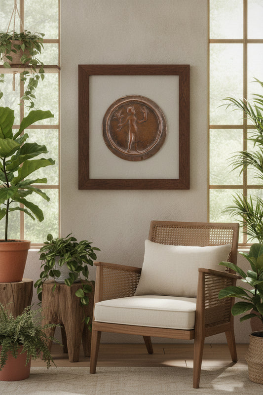 Helmeted Figure Holding Victory and a Plant [reverse] — framed art in a styled interior