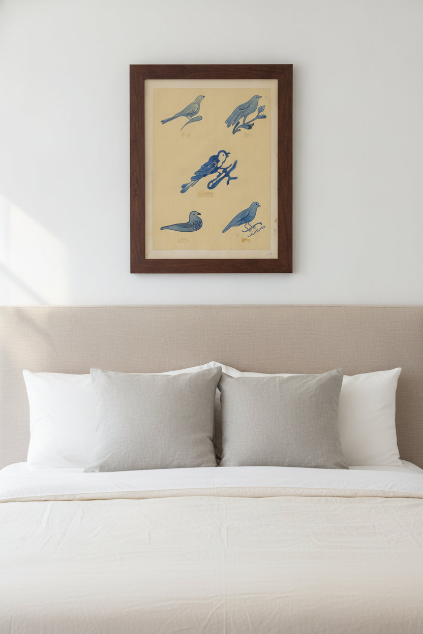 Bird Decorations on Stoneware — framed art in a styled interior