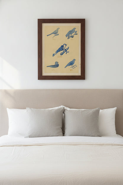 Bird Decorations on Stoneware — framed art in a styled interior