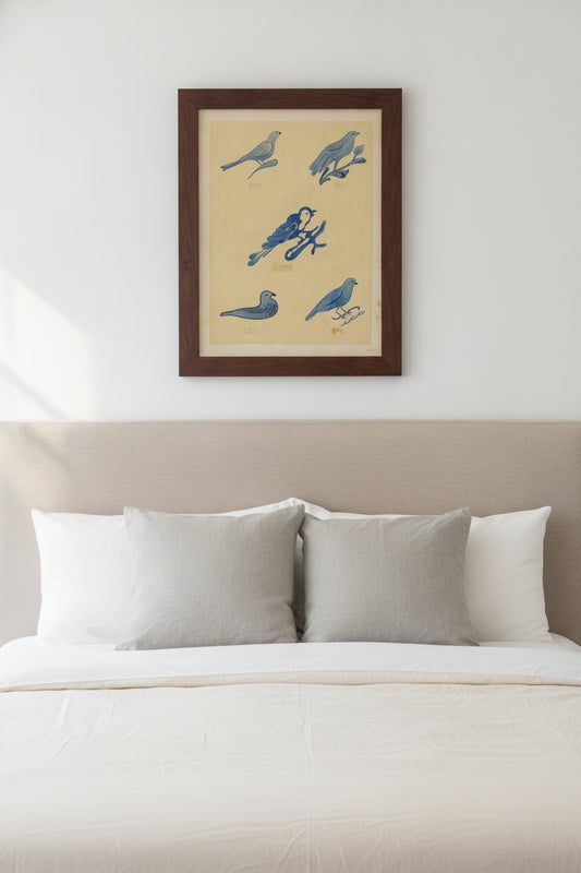 Bird Decorations on Stoneware — framed art in a styled interior