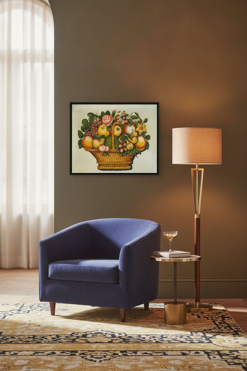 Basket of Fruit with Flowers — framed art in a styled interior