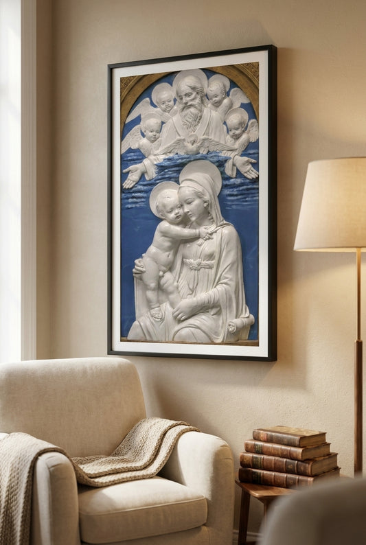 Madonna and Child with God the Father and Cherubim — framed art in a styled interior