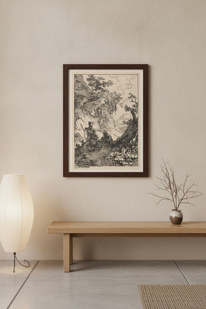 Landscape with Men in Armor, Tree Stump — framed art in a styled interior