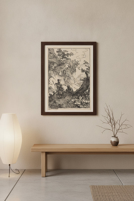 Landscape with Men in Armor, Tree Stump — framed art in a styled interior