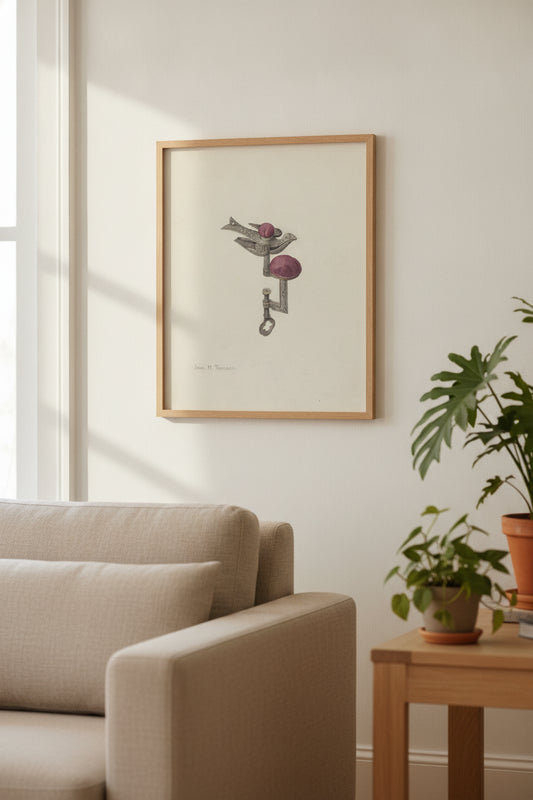 Sewing Bird — framed art in a styled interior