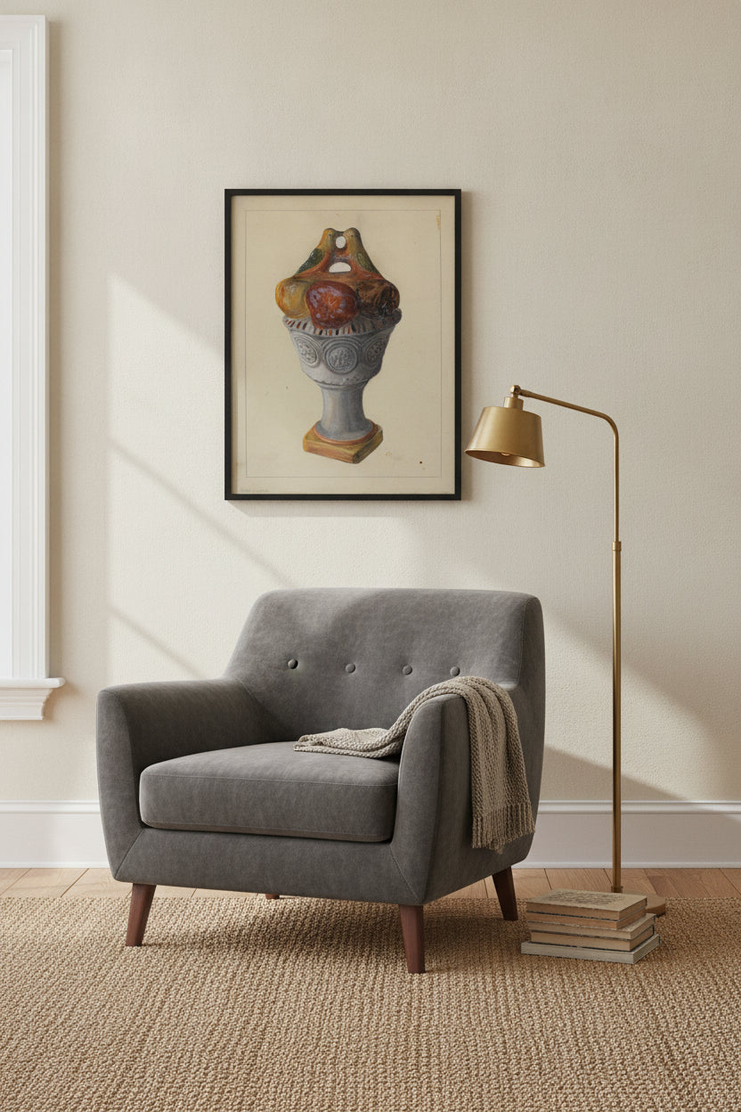 Chalkware Urn with Fruit and Birds — framed art in a styled interior