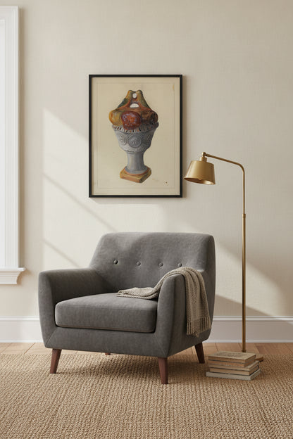 Chalkware Urn with Fruit and Birds — framed art in a styled interior