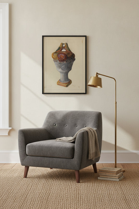 Chalkware Urn with Fruit and Birds — framed art in a styled interior