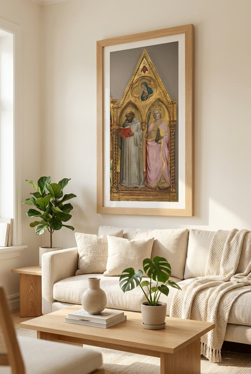 Saint Bernard and Saint Catherine of Alexandria with the Virgin of the Annunciation [right panel] — framed art in a styled interior