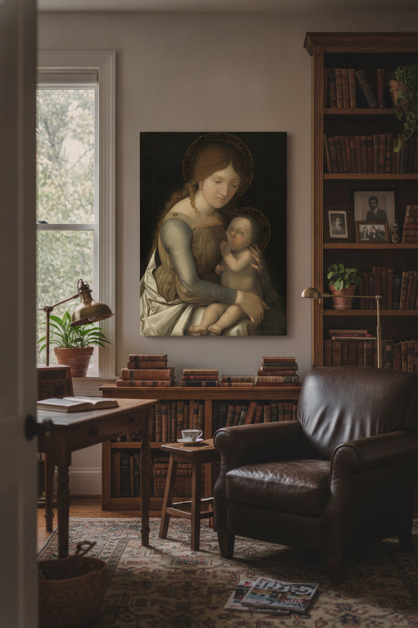 Madonna and Child — framed art in a styled interior