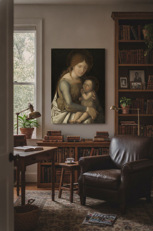 Madonna and Child — framed art in a styled interior