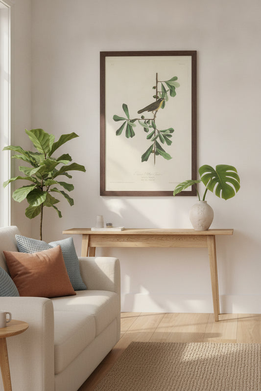 Roscoe's Yellow Throat — framed art in a styled interior