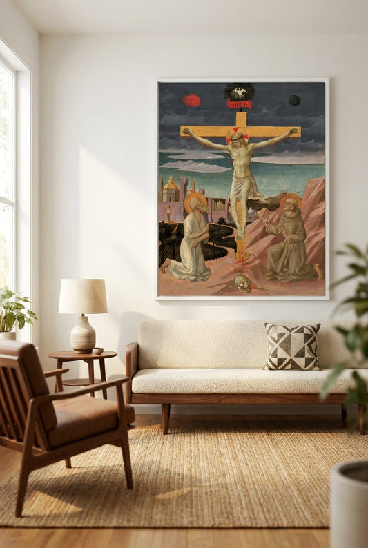 The Crucifixion with Saint Jerome and Saint Francis — framed art in a styled interior