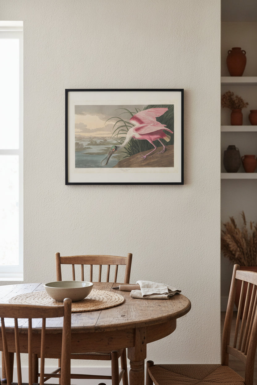 Roseate Spoonbill — framed art in a styled interior