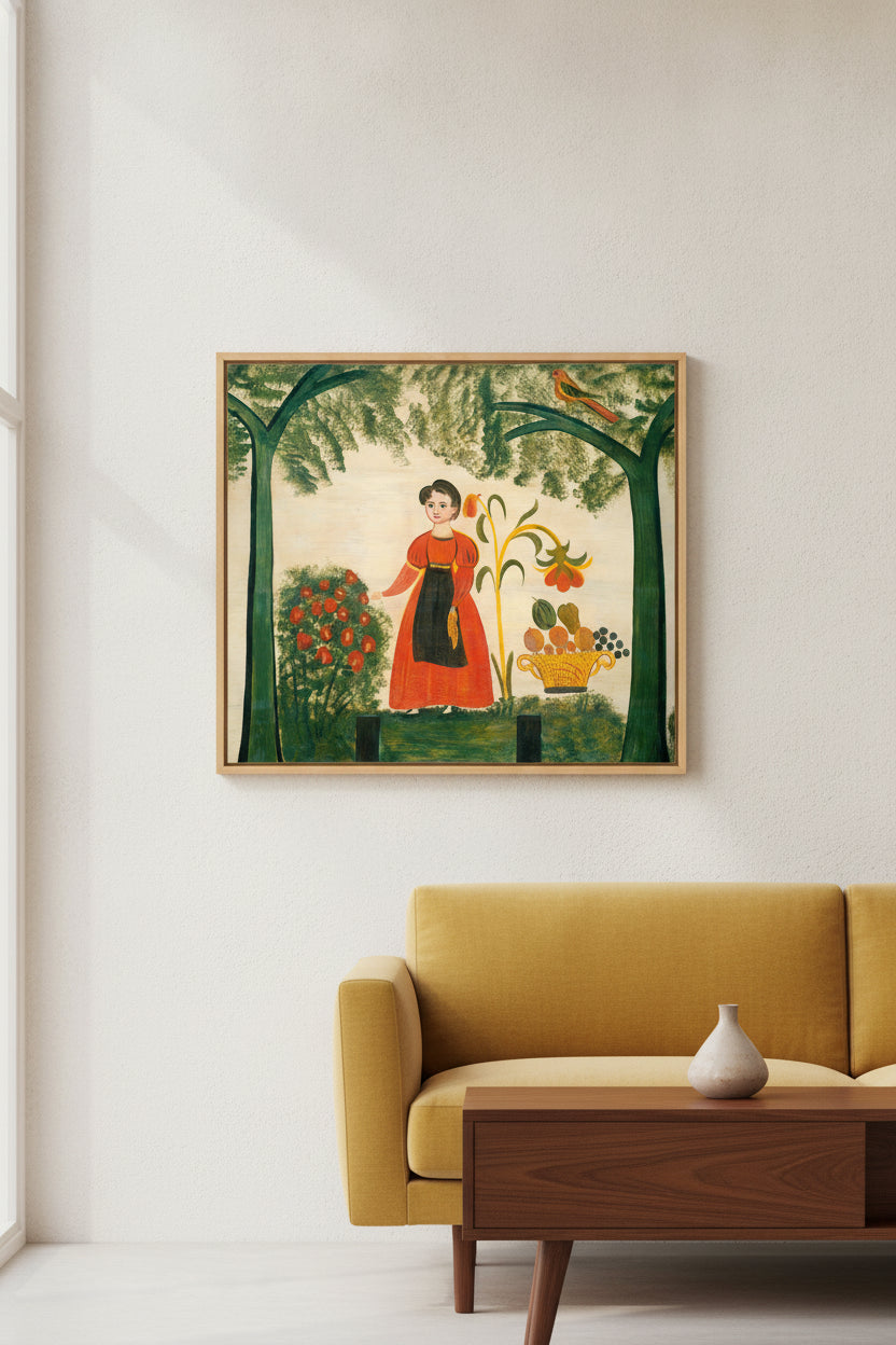 Girl in Red with Flowers and a Distelfink — framed art in a styled interior