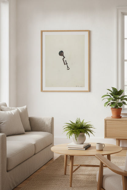 Sewing Bird — framed art in a styled interior