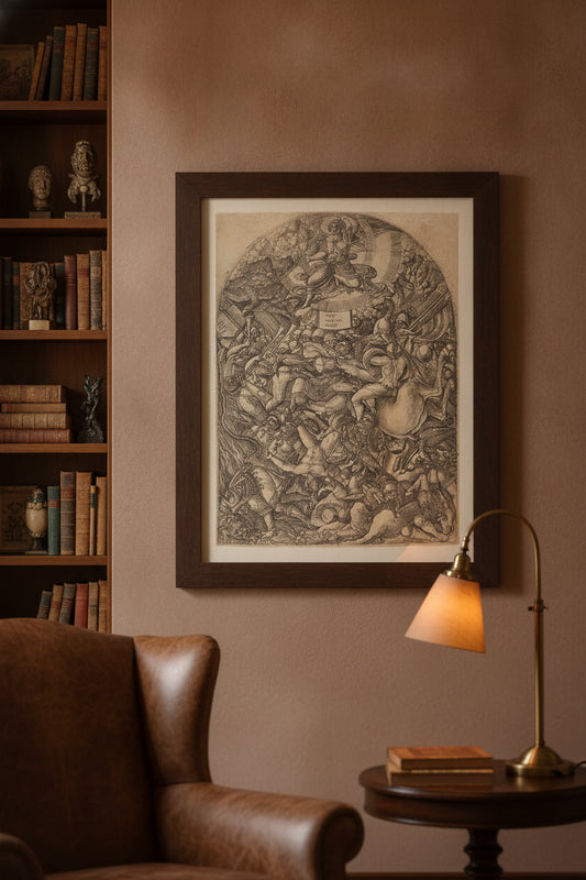 The Angel in the Sun Calling the Birds of Prey — framed art in a styled interior