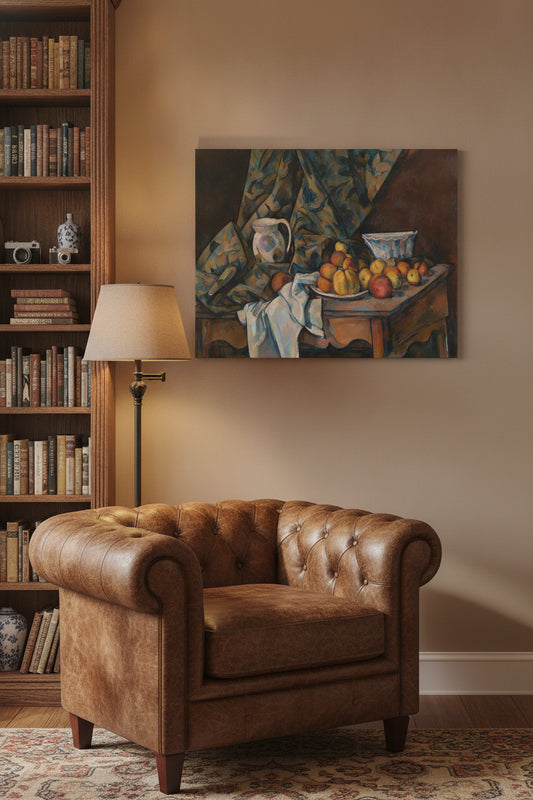 Still Life with Apples and Peaches — framed art in a styled interior
