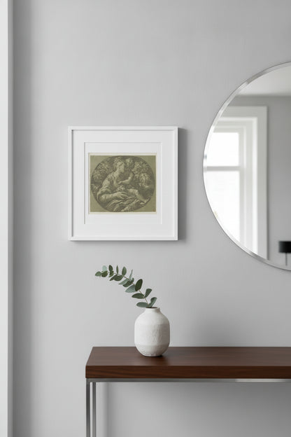 The Virgin with the Rose — framed art in a styled interior
