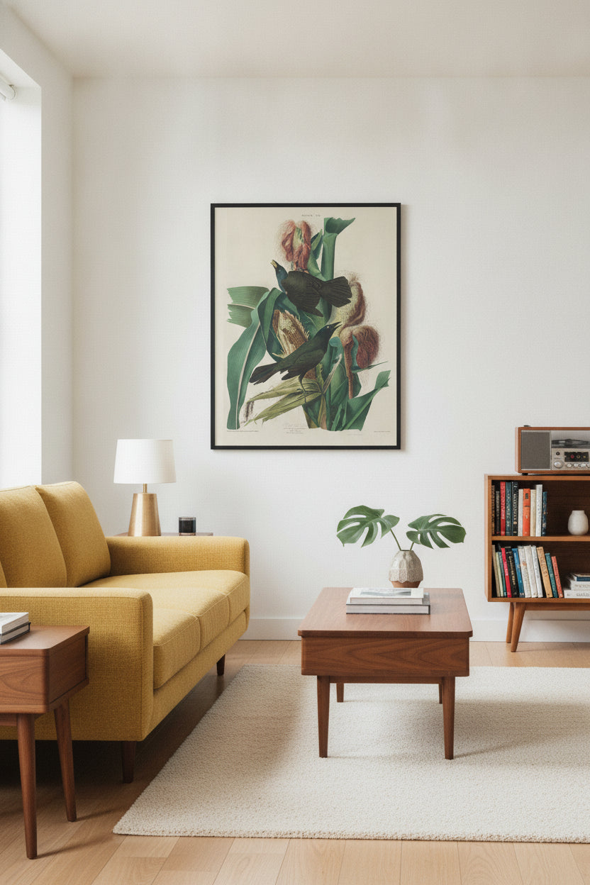 Purple Grackle — framed art in a styled interior