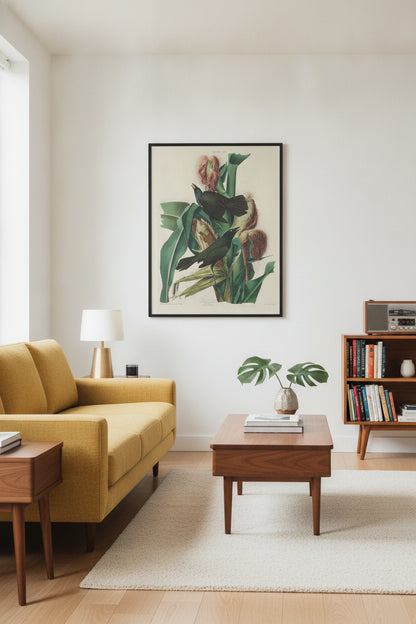 Purple Grackle — framed art in a styled interior