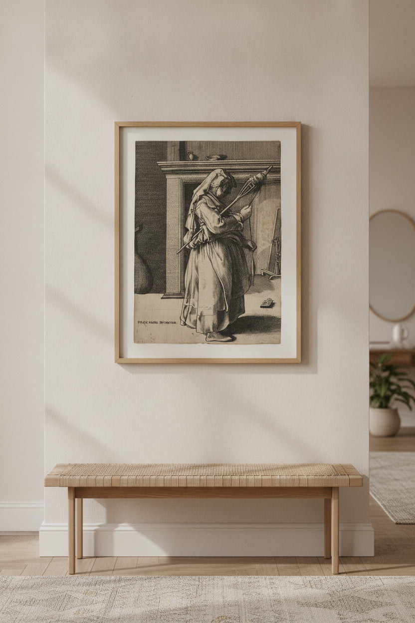 Old Woman with a Distaff — framed art in a styled interior