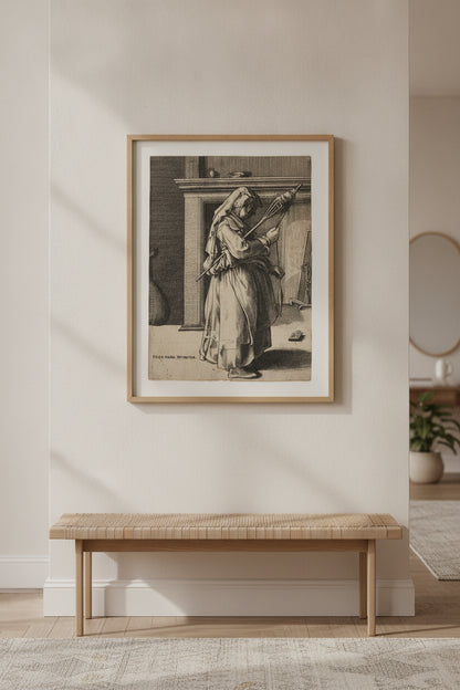 Old Woman with a Distaff — framed art in a styled interior