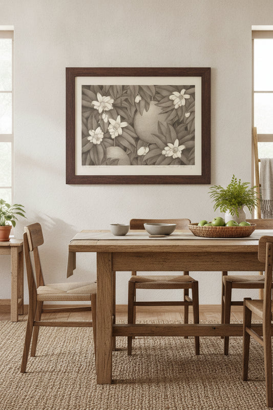 Orange Blossoms — framed art in a styled interior