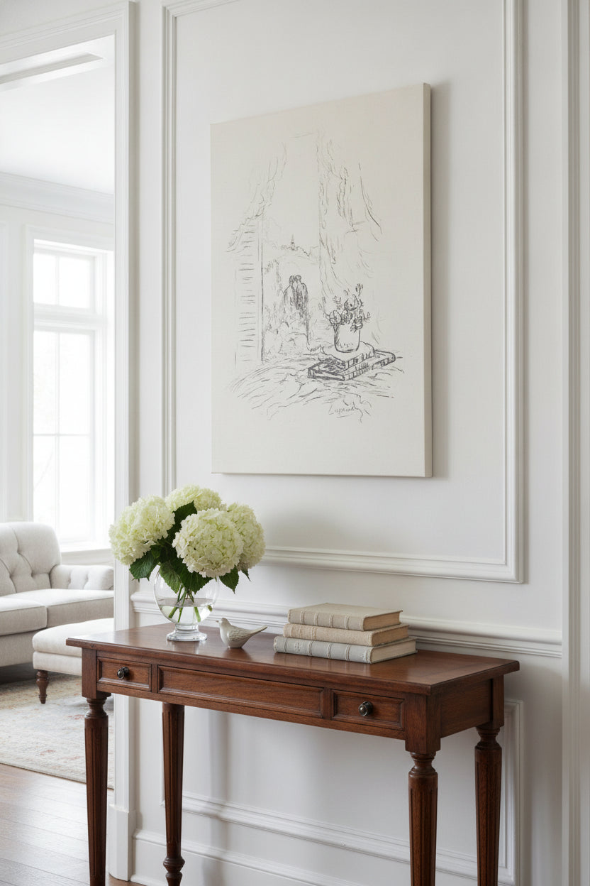 Vase of Flowers on Books with Two Figures Seen Through a Window — framed art in a styled interior