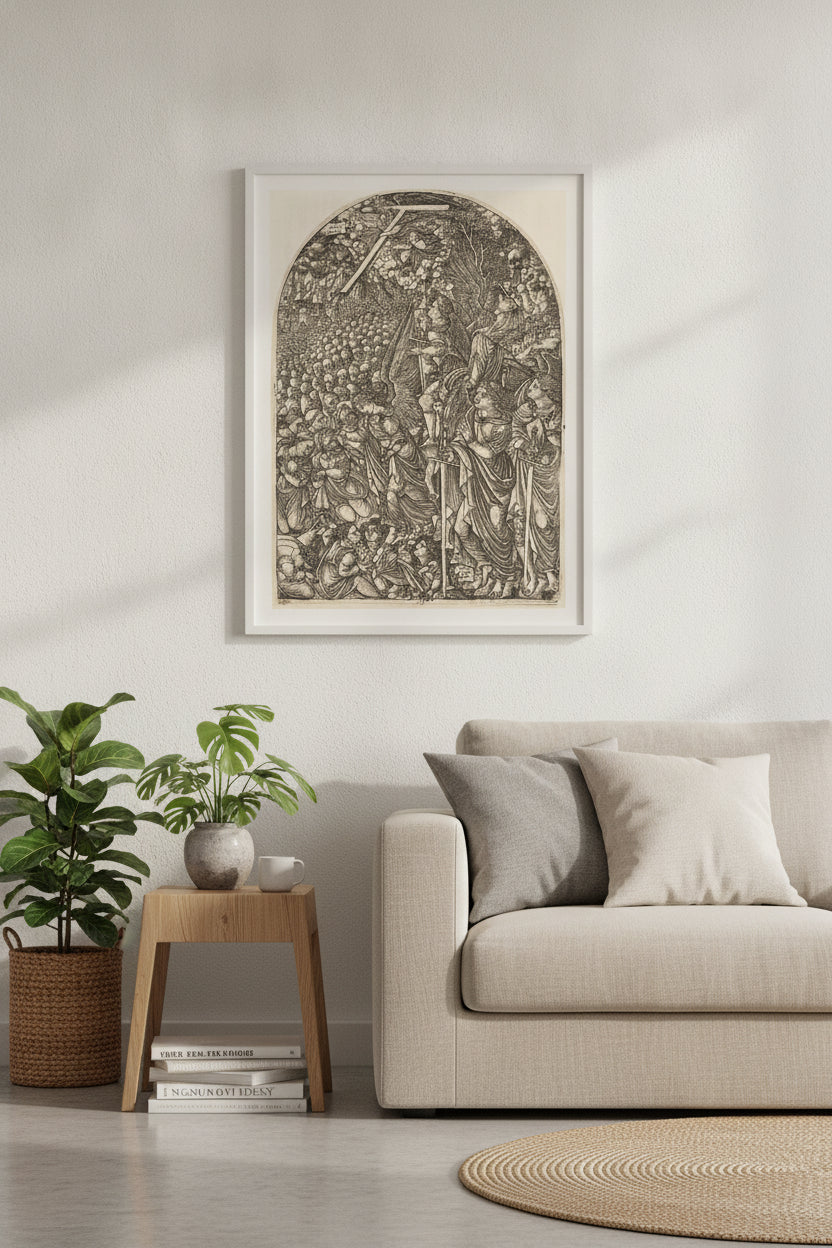 Four Angels Holding Back the Winds — framed art in a styled interior