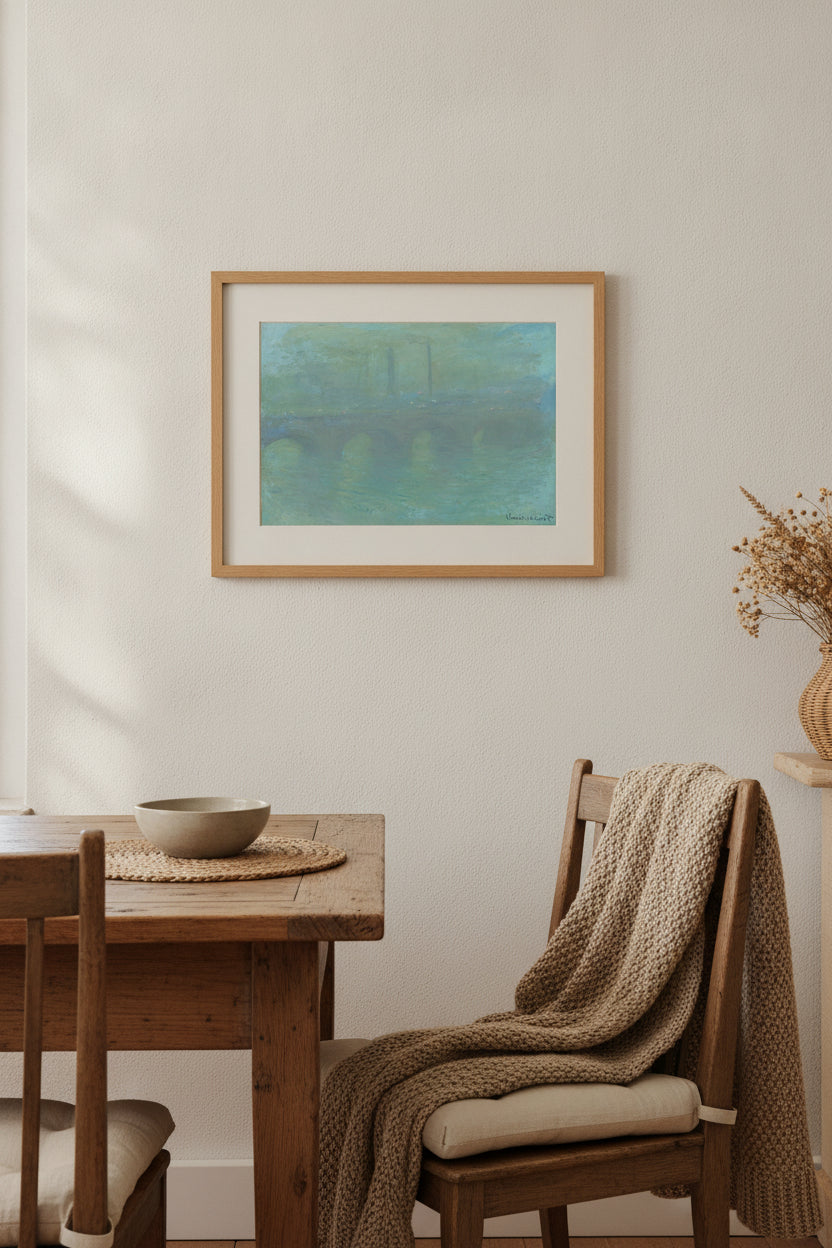 Waterloo Bridge, London, at Dusk — framed art in a styled interior