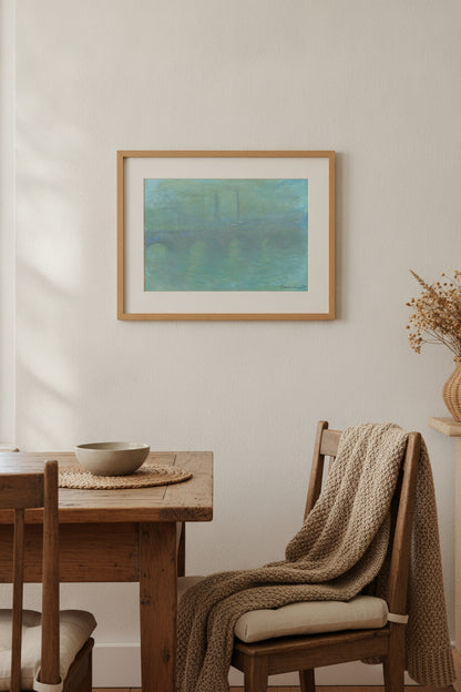 Waterloo Bridge, London, at Dusk — framed art in a styled interior