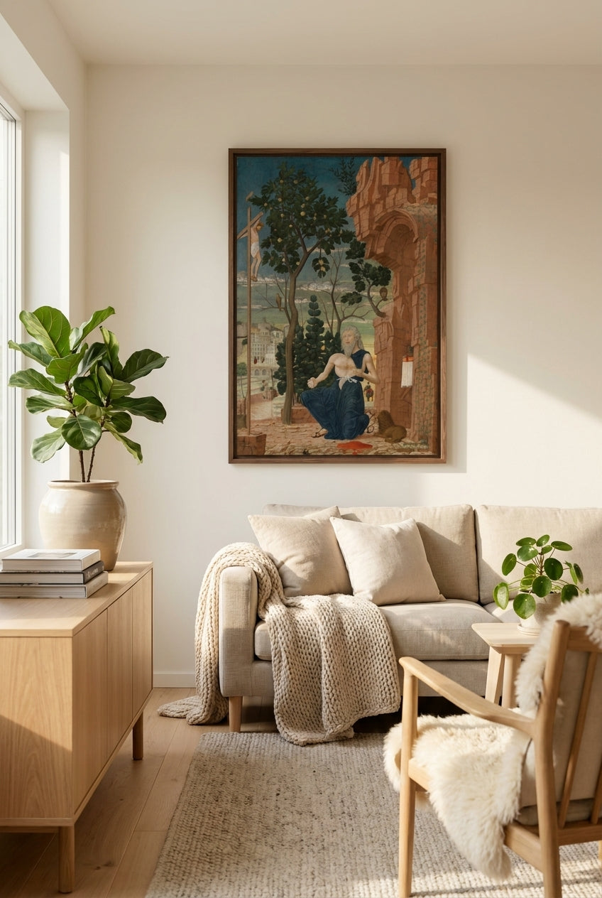Saint Jerome in the Wilderness — framed art in a styled interior