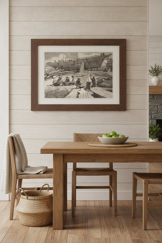 Ship-Building, Gloucester Harbor — framed art in a styled interior