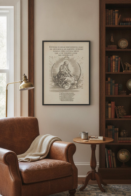 The Madonna on the Crescent — framed art in a styled interior
