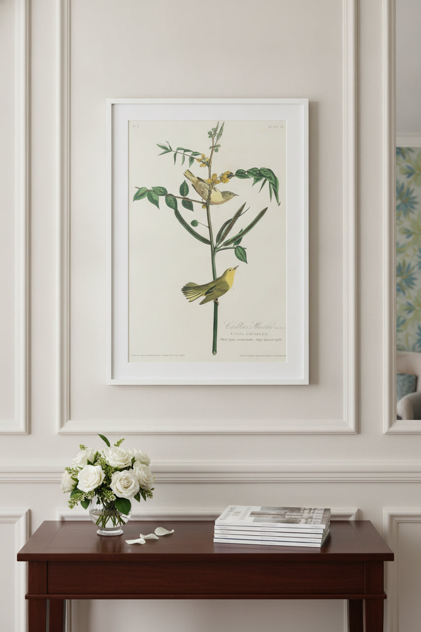 Children's Warbler — framed art in a styled interior
