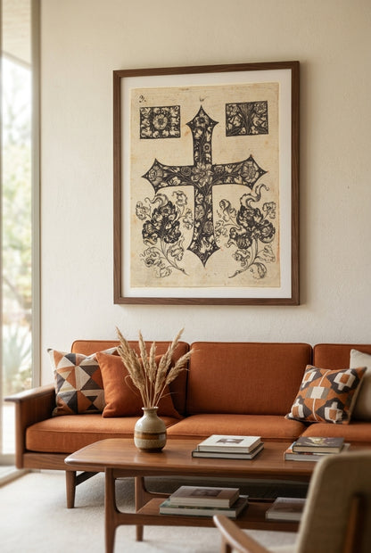 Cross Embellished with Flowers — framed art in a styled interior