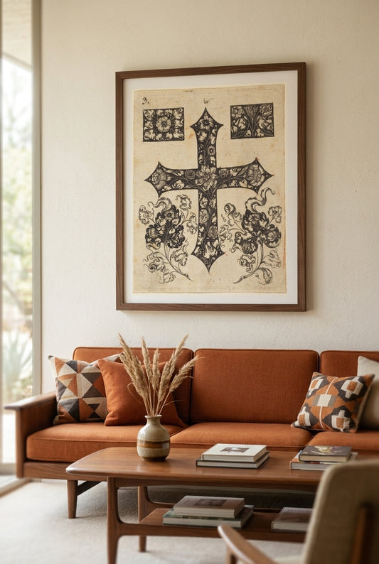 Cross Embellished with Flowers — framed art in a styled interior