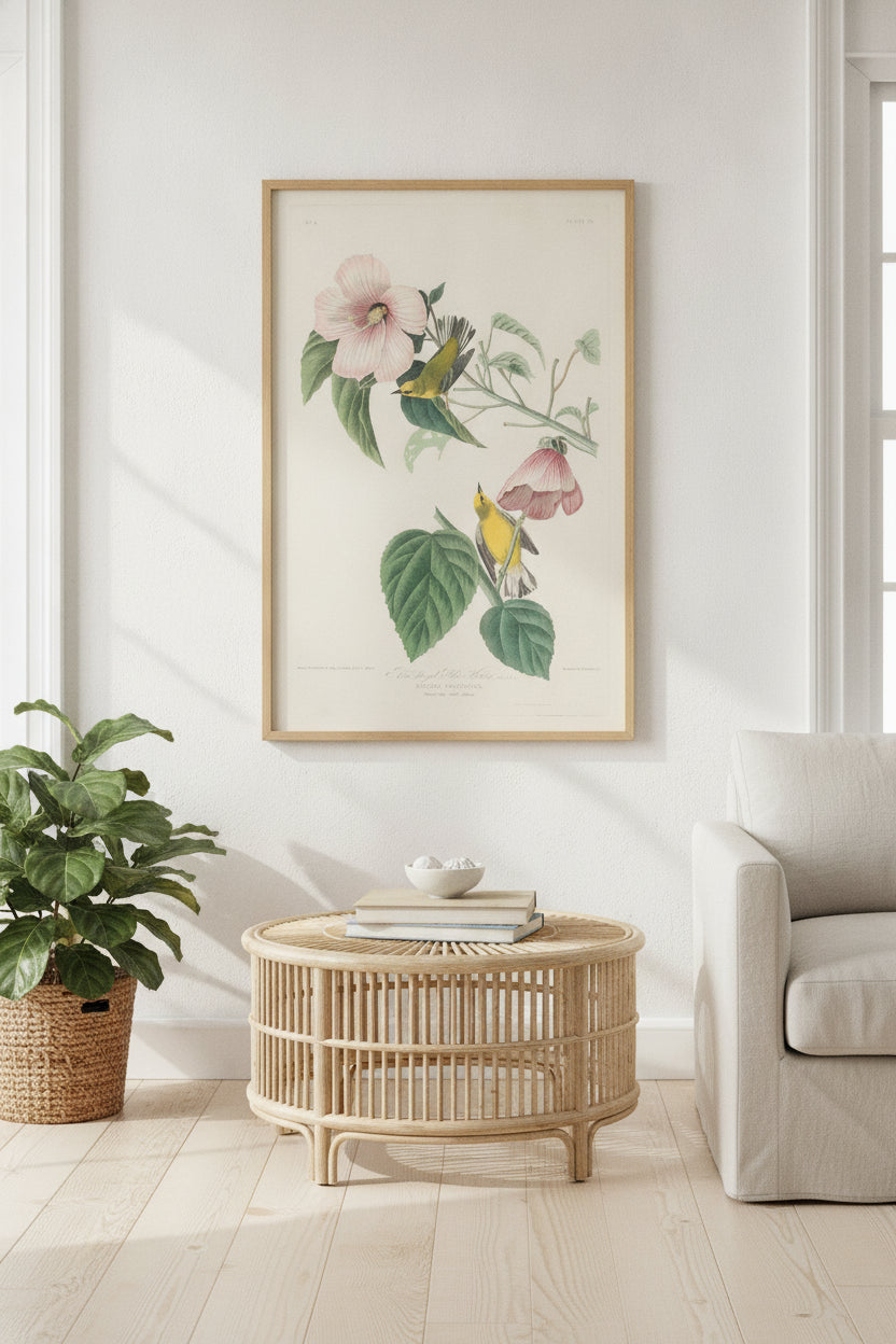 Blue-winged Yellow Warbler — framed art in a styled interior