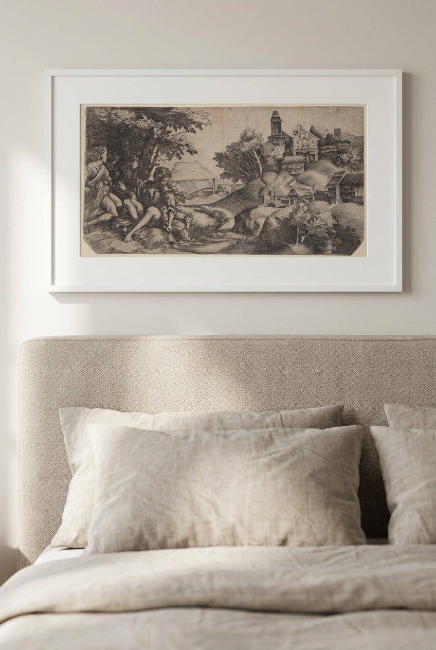 Shepherds in a Landscape — framed art in a styled interior